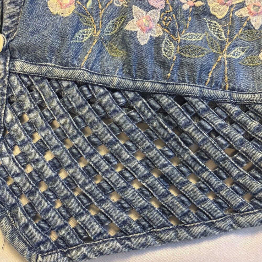 Vtg Tantrum Blues Floral Jean Vest LP Cottagecore Coastal Grandma Boho Lattice - Picture 10 of 11